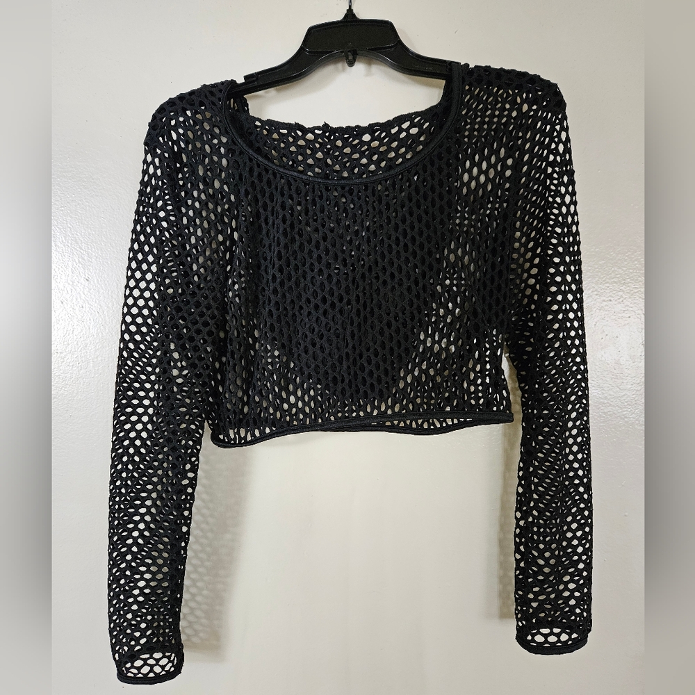 i Heart Raves Mesh Crop Top with Long Sleeves & Hood - Black -Size M fits like S